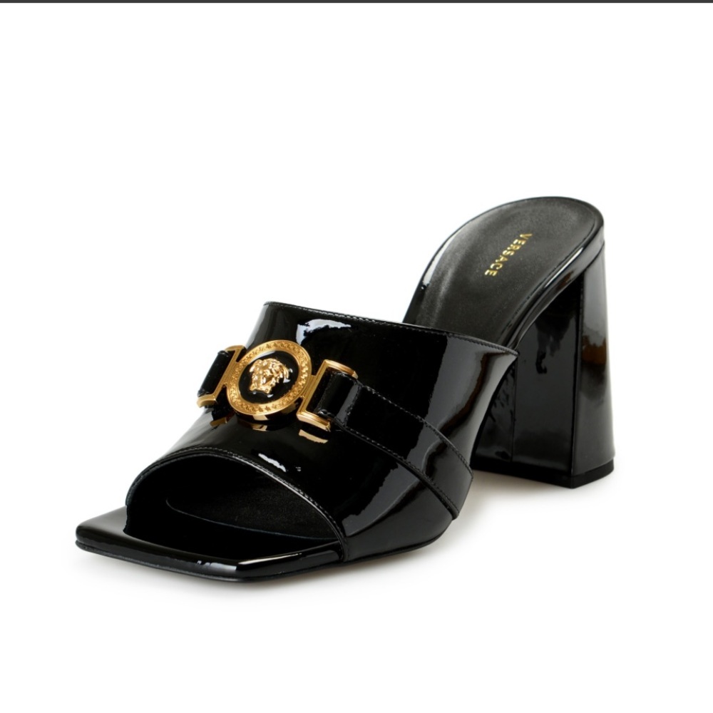Versace Women's Black Gold Medusa Vernice Leather Sandals Mules Shoes